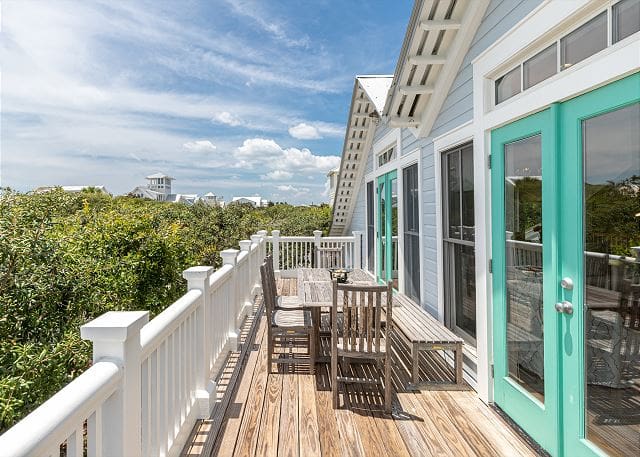 Splash2 is a custom-built 4-bedroom home located in the heart of Seaside. This cottage is steps away from the beach and can comfortably sleep up to 8 guests. The third level features an enclosed tower with a balcony and gulf views.